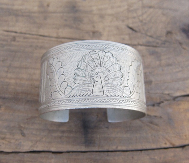 Vintage Silver Metal Engraved Peacock Flower Statement Metal Cuff