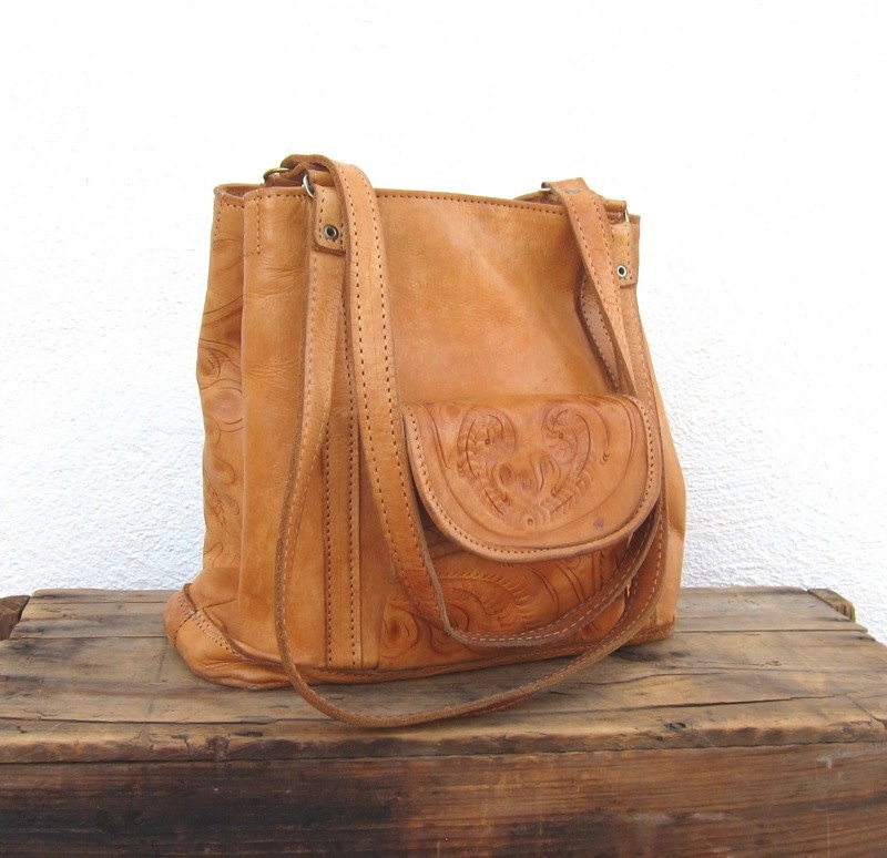 Vintage Hand Tooled Camel Leather Tote Purse