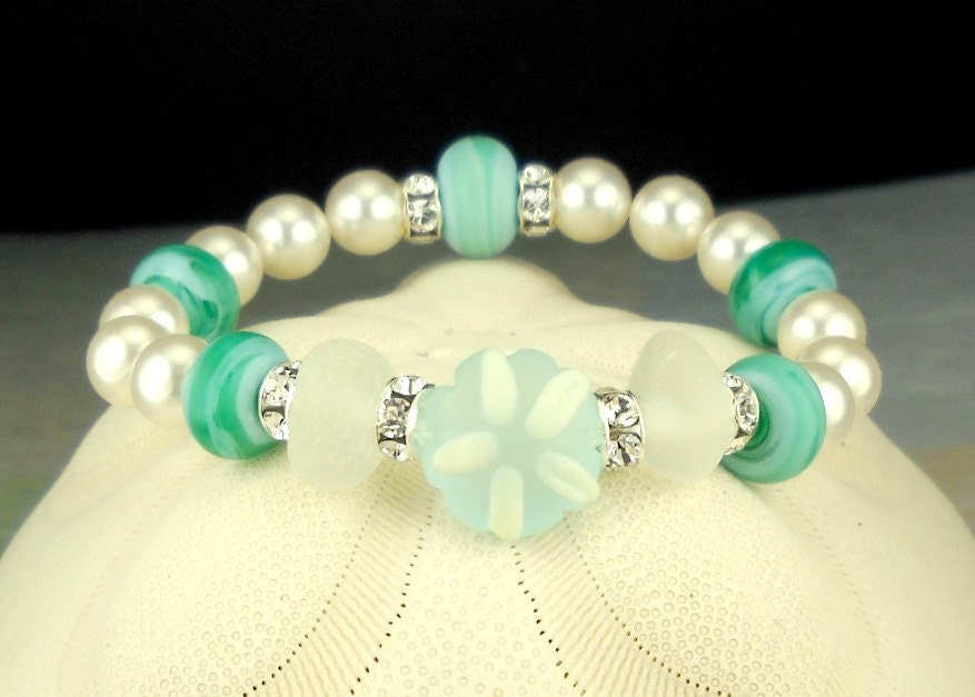 Eco Friendly Starfish GENUINE White And Aqua Sea Glass Bracelet With Lampwork Beads