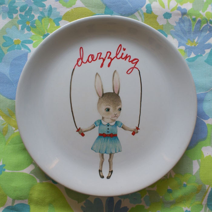 Dazzling Skipping Bunny Vintage Illustrated Medium Sized Plate