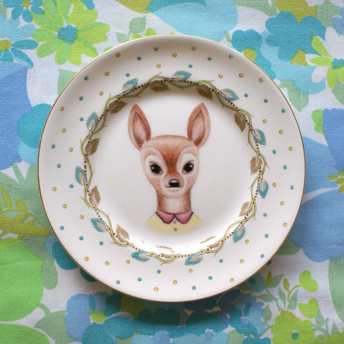 Little Doe Yellow and Green Floral Vintage Illustrated Plate