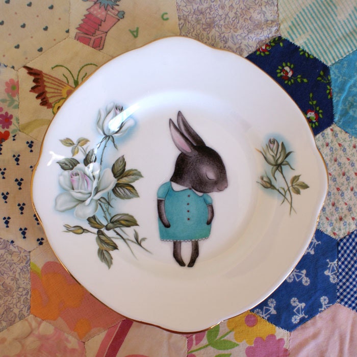Perfect Little Shy Bunny With Roses Vintage Illustrated Plate