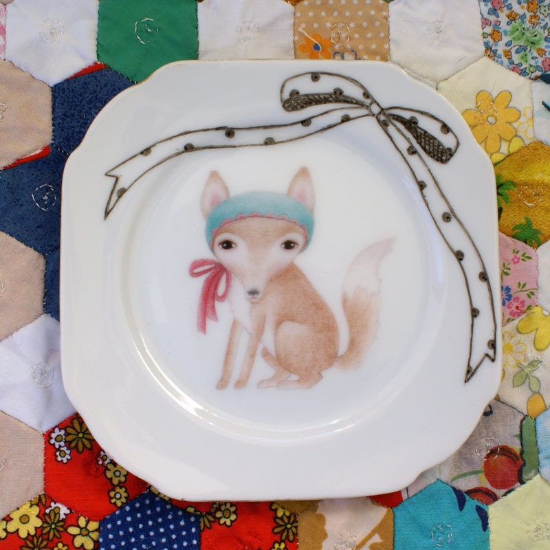 Baby Fox with Oversized Bow Vintage Illustrated Plate