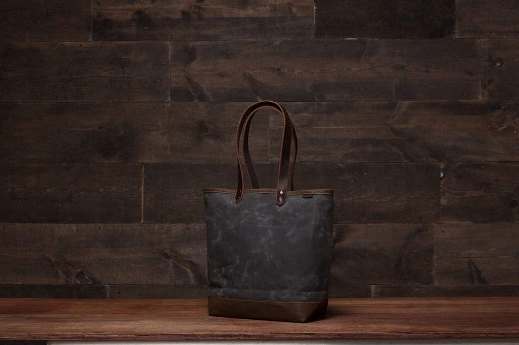 SALE: Waxed Canvas and Leather Tote Bag - Charcoal/Brown