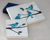 Set of 2 Mounted Bird on Branch Collages, 8x10 and 6x6 on Birch Panels, Teal Ikat Paper Birds On Branches Over Vintage Book Pages