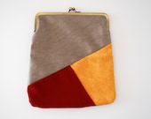 iPad cover. tablet purse. kiss lock iPad sleeve. iPad bag. Tablet cover. Fold over clutch purse in grey, yellow and red.