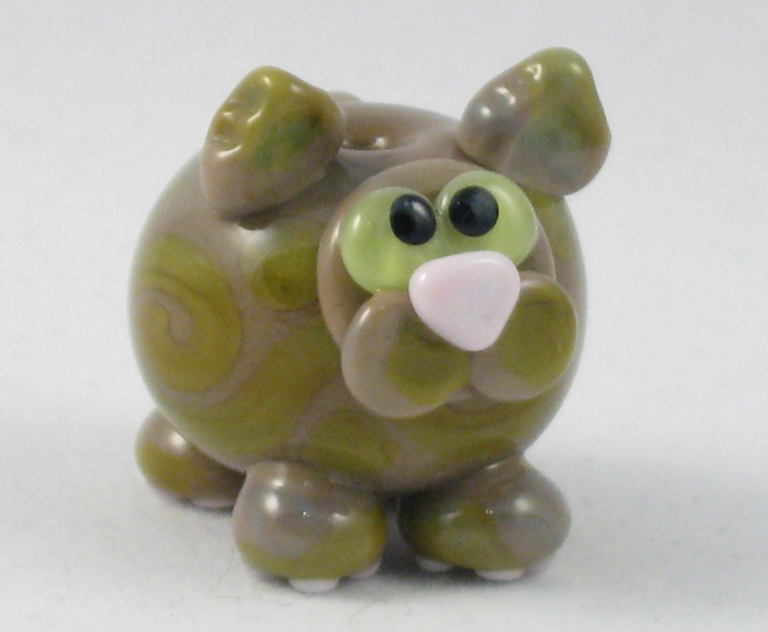 Grey and Olive Fat Cat Kitten Lampwork Glass Homemade SRA Bead NLC Beads leteam