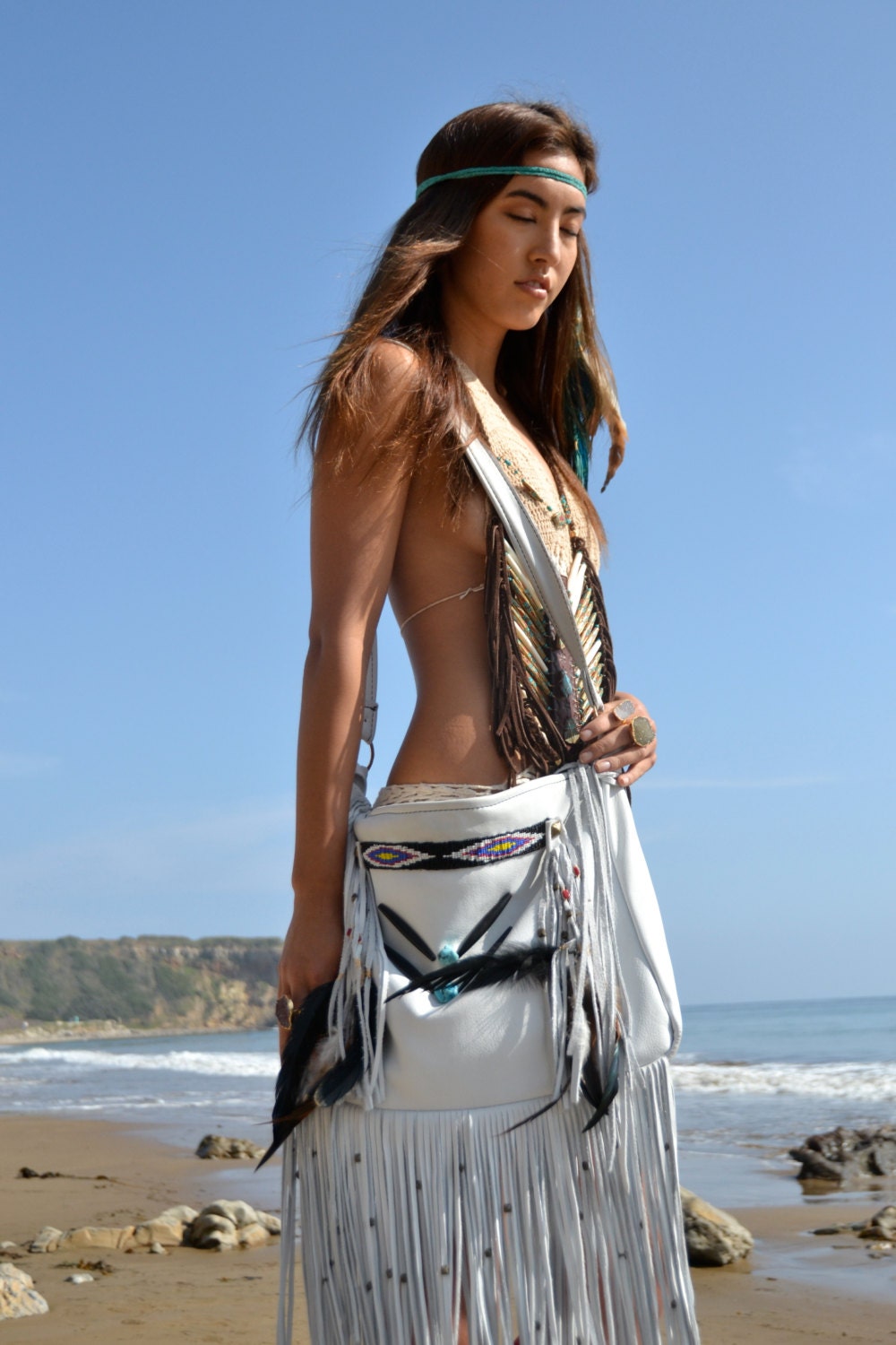 MEMORIAL DAY SALE Native Nomad Weekend/Tote Boho Bag /// Bone, Black or Red /// Large Leather Fringe Tote Tribal Bag/// Made to order
