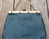Green and Gold LARGE Whiting and Davis 60s Metal Mesh Handbag with Gold Chain and Studs