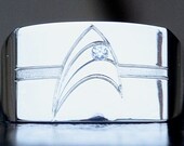 Sterling Silver Wedding Band for Men Star Trek Insignia Inspired Hand-Engraved, set with Round Brilliant Diamond Customizable Made To Order
