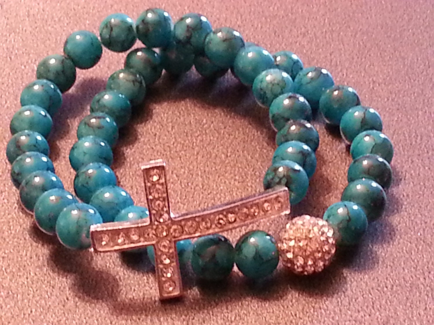 Bogo Sale Pave Crystal Ladies Turquoise Blue Black Marble Glass Pearls Silver Sideways Cross Religious Christian Faith Bracelet--Set Of 2