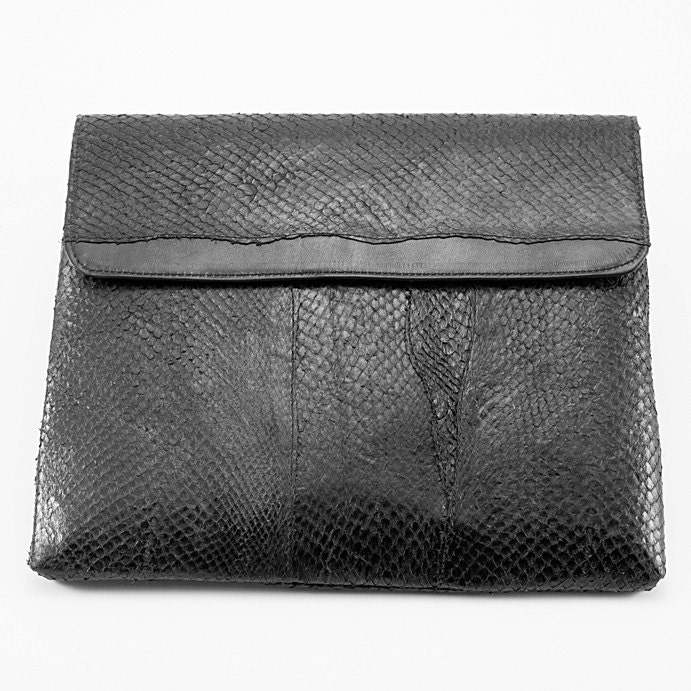 Black leather iPad case - made from fish skin and lamb leather