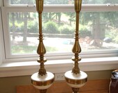 Pair of TALL Mid-Century ORNATE Gold Gaudy Lamps / French Provincial / Glass Lamp Shade
