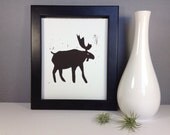 Moose with Antlers Linocut Art PRINT  Dark Brown Moose with Antlers 8x10
