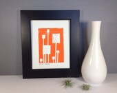 Geometric Mid Century Modern Linocut PRINT - Orange and White Squares 8x10