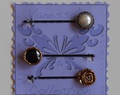 Bobby Pin Set - Antiqued Gold Rose, White Pearl, Black Onyx Rhinestone - Silver, Gold, Black Hair Pins - Women,Teens Hair Accessory