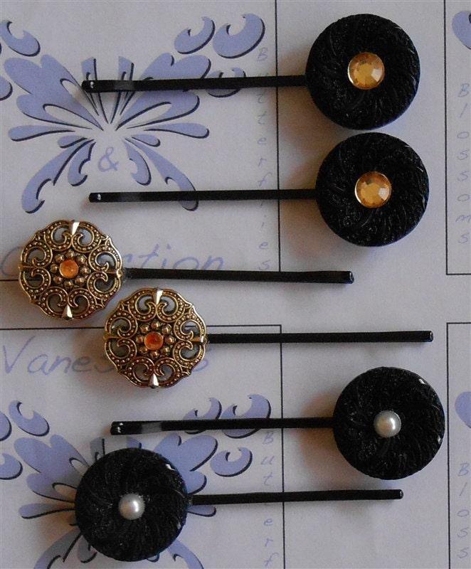 Bobby Pin Set, Black Gold Rhinestone, Gold Medallion, Black White Pearl - Teens Hair Accessory - Long Hair Pins - Prom Acessories