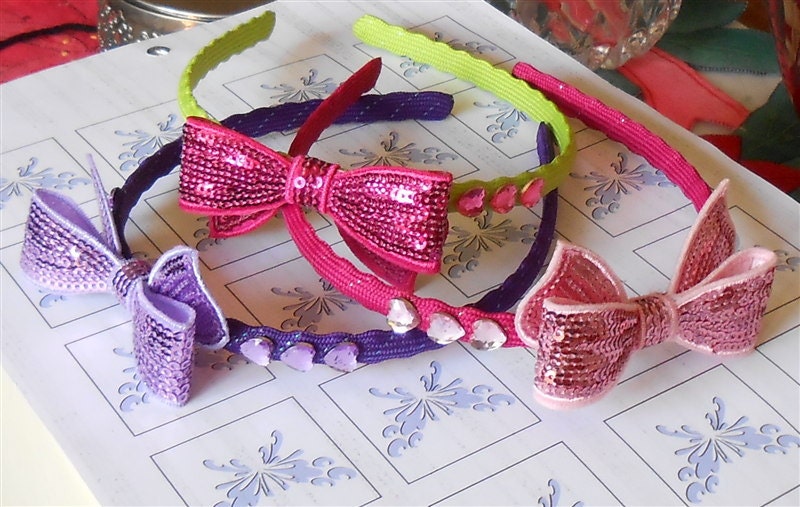 Girl Headband with Rhinestone Hearts, Sequin Bow - Toddler Baby Hair Accessories - Purple, Green, Pink Child Headbands