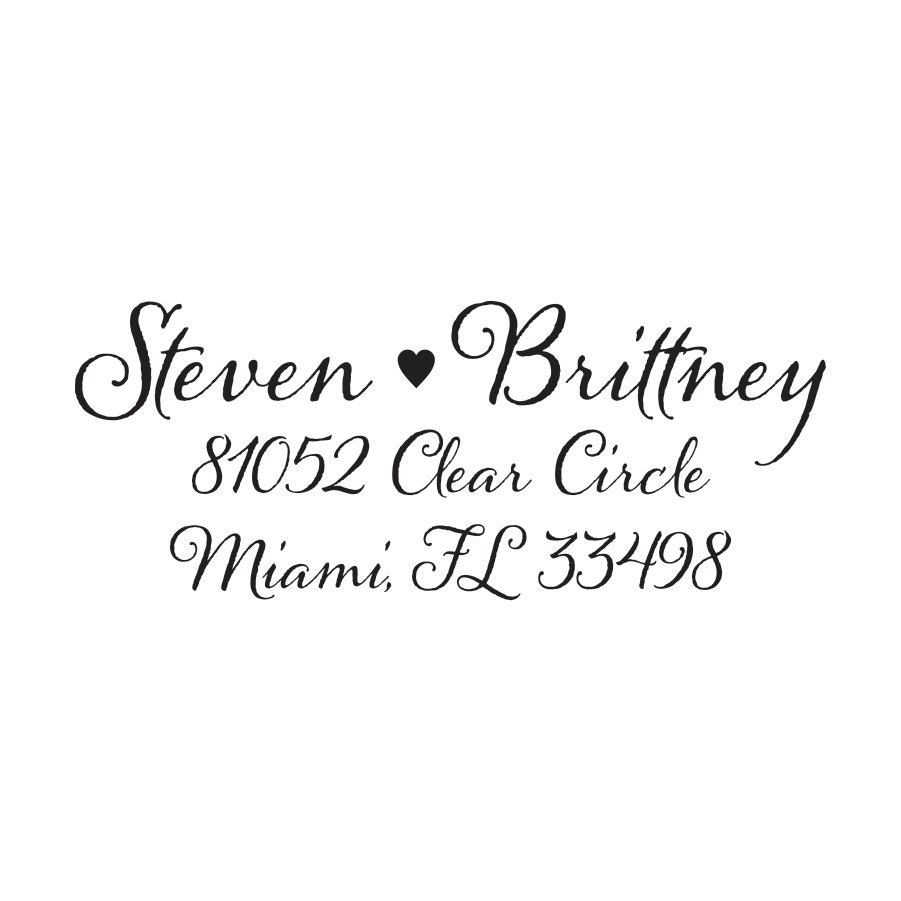 Personalized Custom Return Address Stamp mounted with a wooden handle featuring a calligraphy font and heart (20351) 2 1/2 x 1