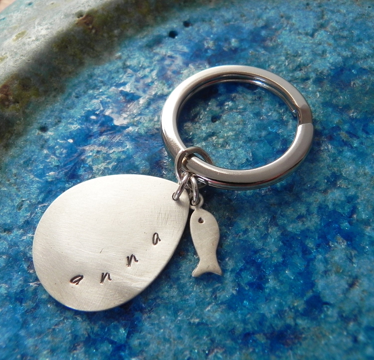 Custom sterling silver guitar pick keychain with fish- Personalized Sterling Silver Hand Stamped Key Chain - Father's Day or graduation gift