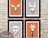 Animal Heads - Set of 4 - 5x7 Art Print (Featured in Assorted Colors) Moose, Deer, Buffalo and Giraffe Heads with Glasses