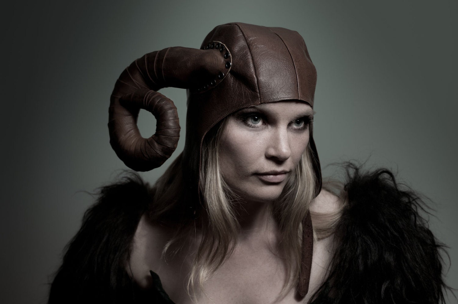 Leather Aviator hat Brown horned headpiece Brown leather ram horns Dieselpunk Burning man spectacular headgear