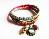 pure silk brocade wrap bracelet orange pink emarald