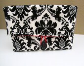 Button Clutch- Black and White Damask with Polka Dot Lining