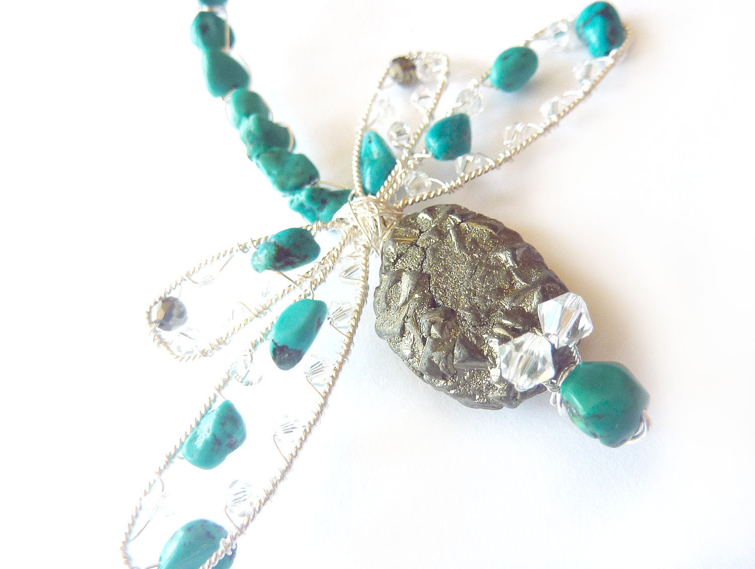 Turquoise Dragonfly with Pyrite Hair Pin, Clip, Brooch or Bouquet Decoration - Dragonfly Jewelry -Tagt