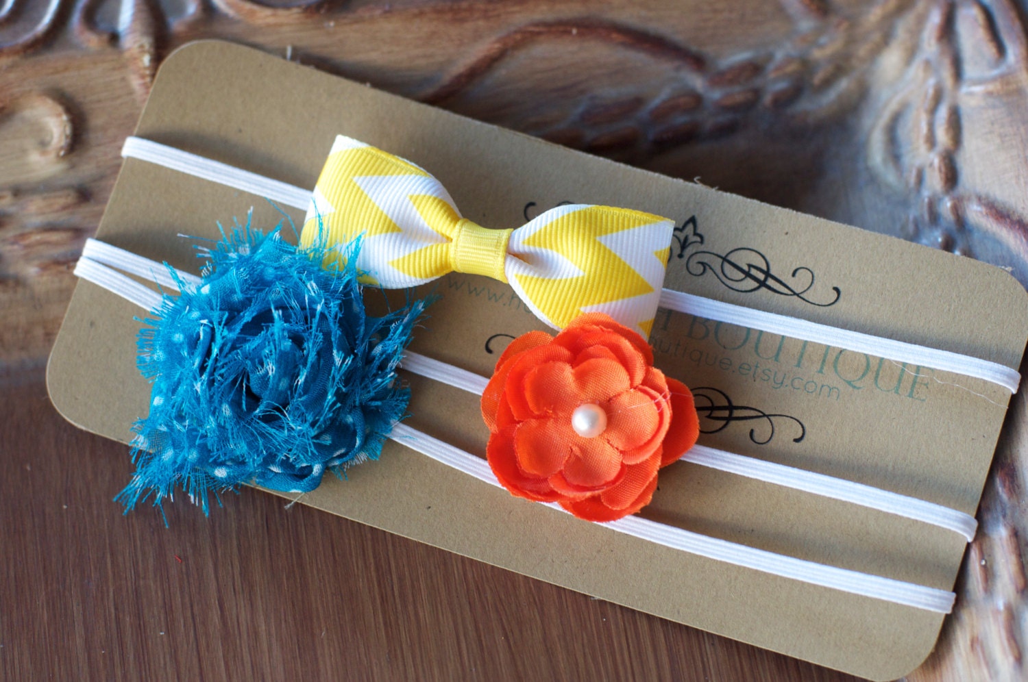 Headband Mix Yellow chevron bow tie , orange Flower and Turquoise Shabby Flower Girls headbands