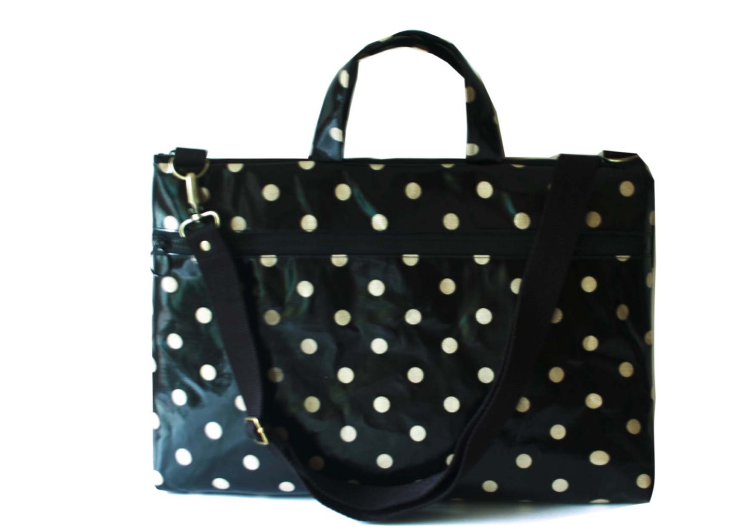 SALE- 15" Macbook or Laptop bag with handles and detachable shoulder strap- Polka dots in Black  -Ready to ship