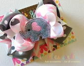 Embroidered Elephant Boutique Style Hair Bow Gray Polka Dots Pink Chevron