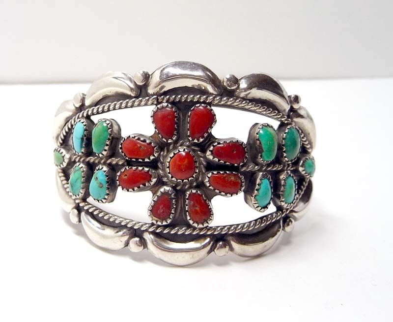 Southwestern Sterling Turquoise and Coral by Native American Indian Silversmith Vance Harvey