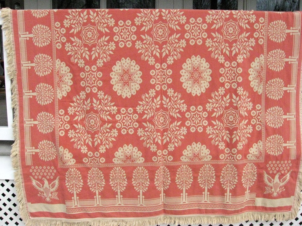 Vintage Bedspread / Cotton Coverlet with Fringe / Reversible / Colonial -Motif Eagles