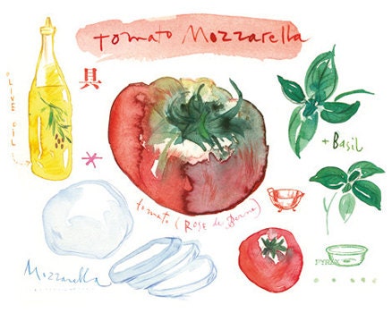 Caprese salad recipe print, Kitchen art, Food illustration, watercolor Home decor, Basil, Olive oil, Tomato mozzarella