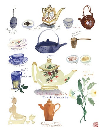 Tea poster illustration, large print, Kitchen wall art,Teapot watercolor painting, Blue decor