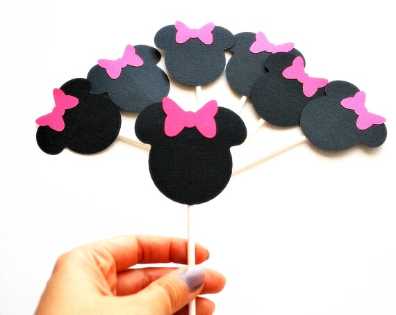 12 Minnie Mouse cupcake toppers in black with hot pink bow (2.5 inches wide) A255 Il_570xn