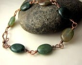 Fancy Jasper and Oxidized Copper Bracelet. Green Jasper Gemstone Beaded Bracelet. Shades of Moss, Olive, Brown.