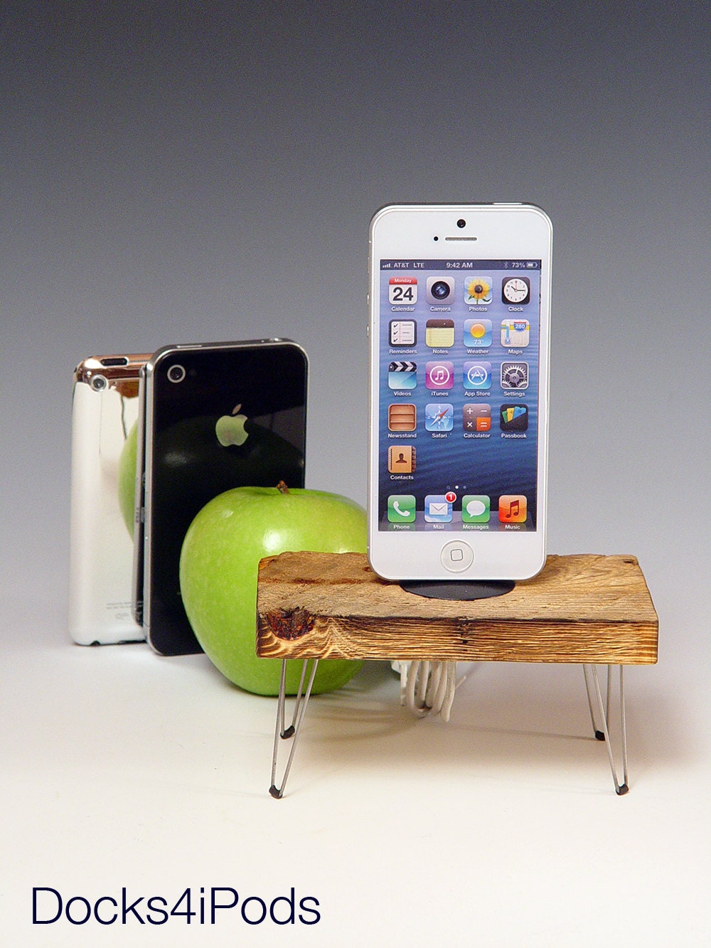 Hairpin leg table dock for iPhone 5 or ANY iPod or iPhone. Rustic Recycled wood. Industrial. 483. Mid century modern. FAST SHIPPING.