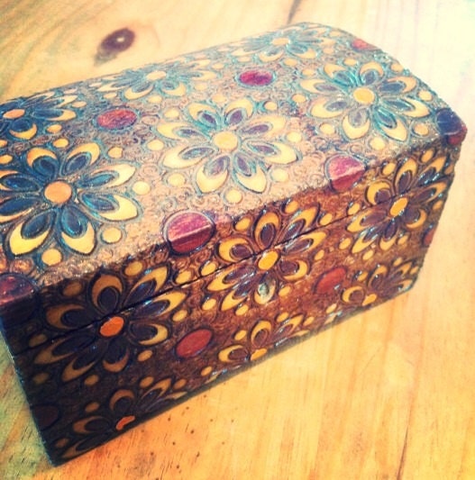 Vintage floral Hand carved wood jewelry box