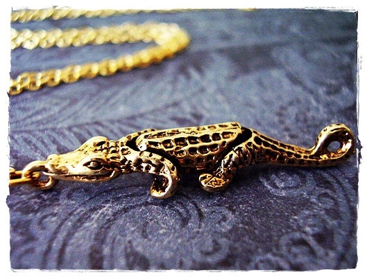 Tiny Alligator Charm Necklace in Antique Gold Pewter with a Delicate 18 Inch Gold Plated Cable Chain