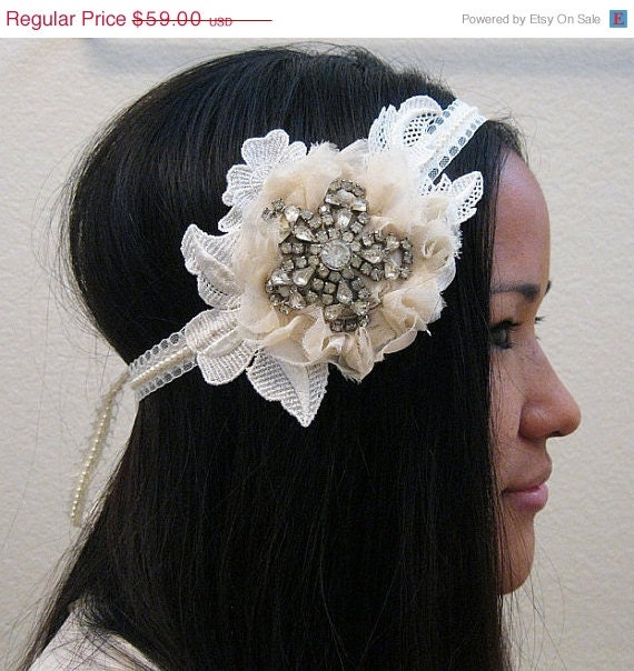 20% OFF Rhinestone Bridal Headband in Ivory with Vintage Repurposed Brooch MADE TO 0Rder