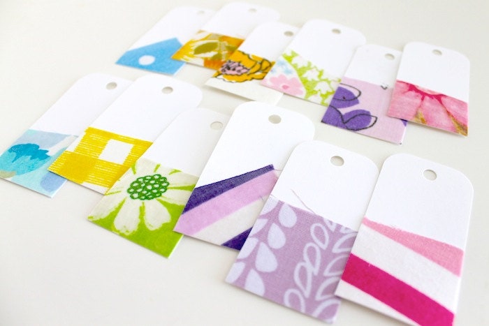 Vintage Fabric Covered Shipping - Gift - Hang Tags Small 12 pack - Pink, Blue, Yellow, Green, Purple