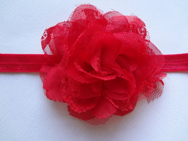 Red Chiffon & Lace Flower Headband, Baby Hair Accessories, Girls Hair Accessories. 4th of July Headband. Red Flower Headband
