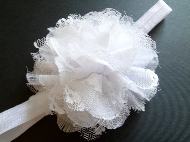 White Baby Headband. White Chiffon and Lace Flower Headband, Baby Hair Accessories, Baby Girls Hair Accessories, White Flower Headband