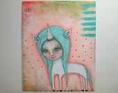 whimsical girl painting unicorn folk art mixed media original painting 24x30cms canvas board - I love my unicorn