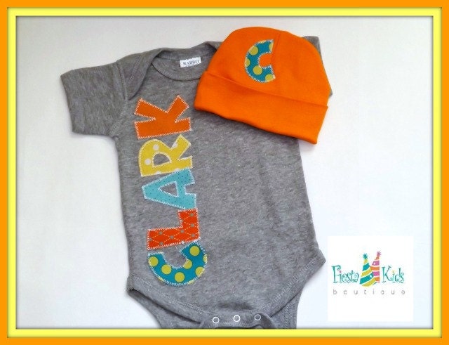 Baby boy onesie and hat set- personalized bodysuit - newborn outfit - beanie - infant