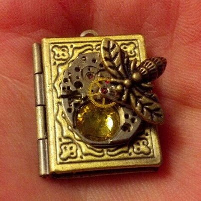Queen Bee Necklace - Book locket adorned with watch movement, rhinestone & bee charm