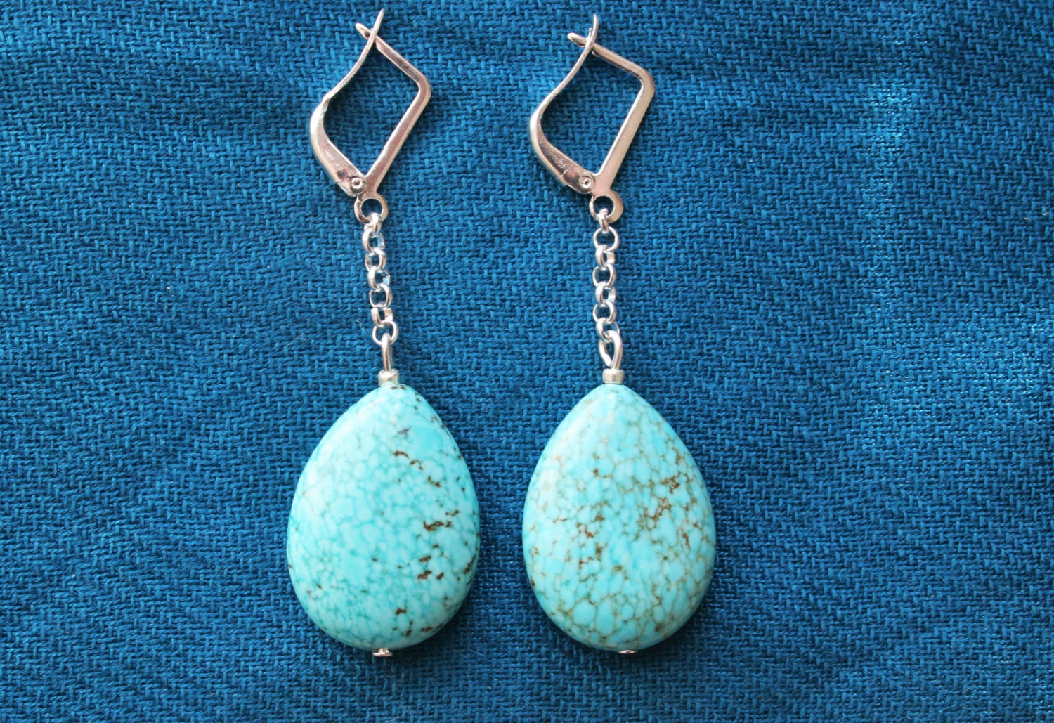 TURQUOISE earrings stone silver plated boho for her delicate minimalist dangle drop long beach valentines teardrop blue