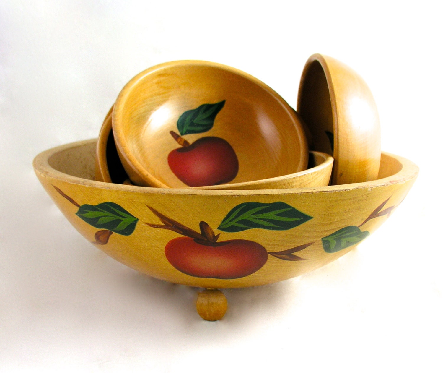 Vintage Folk Art Hand Painted Apple Wooden Salad Serving Bowl Set & 7 Individual Bowls